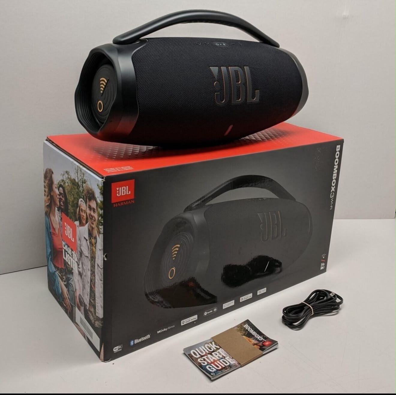 JBL Boombox 3 Wi-Fi con caja, cable y guía rápida